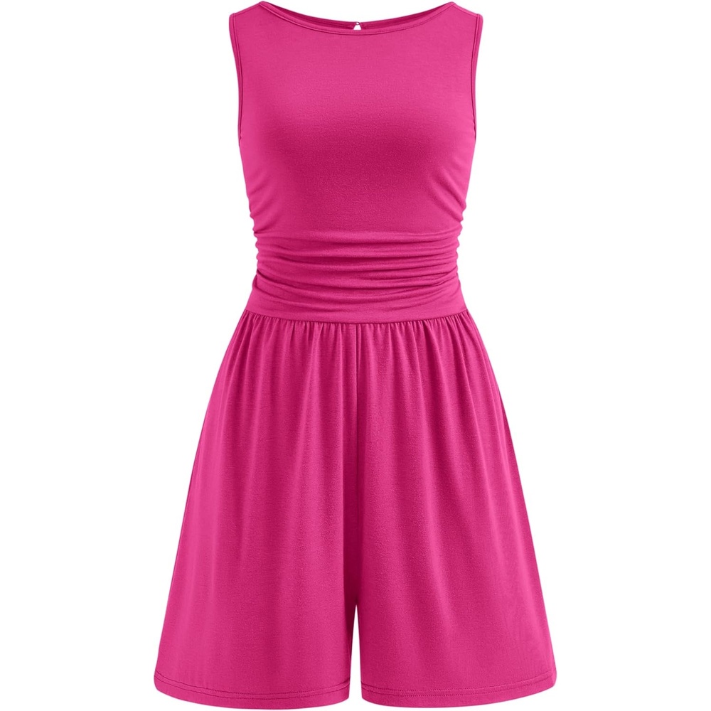 imagePRETTYGARDEN Summer Rompers for Women 2026 Dressy Casual Sleeveless Short Wide Leg Jumpsuits Beach Vacation One Piece OutfitsRose Red