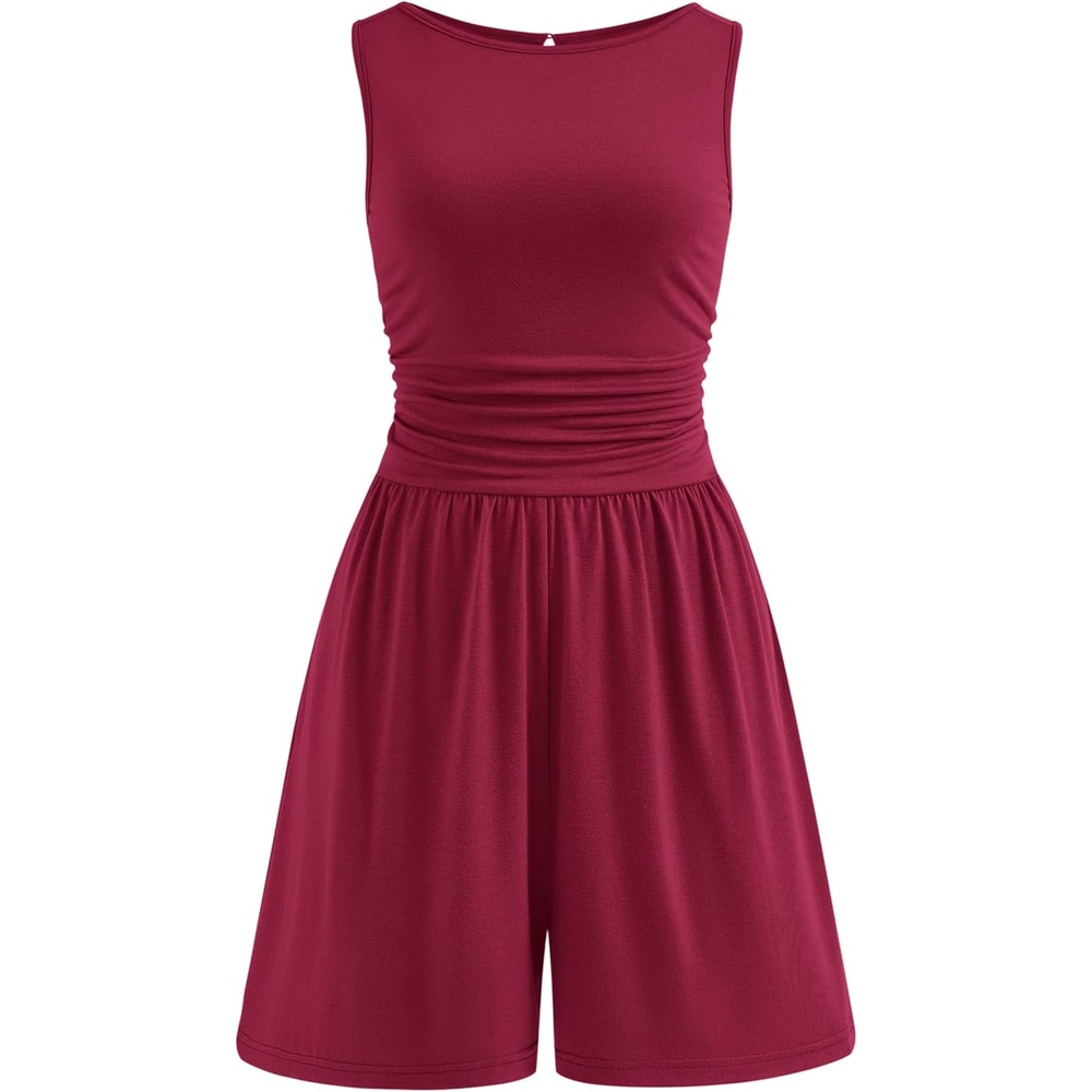imagePRETTYGARDEN Summer Rompers for Women 2026 Dressy Casual Sleeveless Short Wide Leg Jumpsuits Beach Vacation One Piece OutfitsWine Red