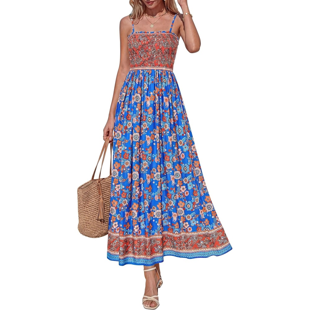 imagePRETTYGARDEN Womens Summer Maxi Dress Casual 2026 Floral Boho Spaghetti Strap Long Sundresses Smocked Beach Flowy DressesBlue