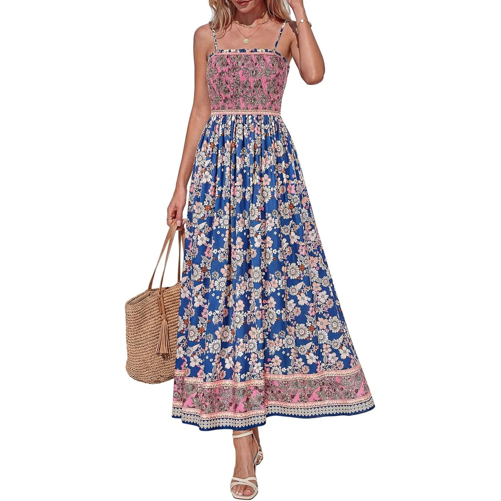 imagePRETTYGARDEN Womens Summer Maxi Dress Casual 2026 Floral Boho Spaghetti Strap Long Sundresses Smocked Beach Flowy DressesDark Blue