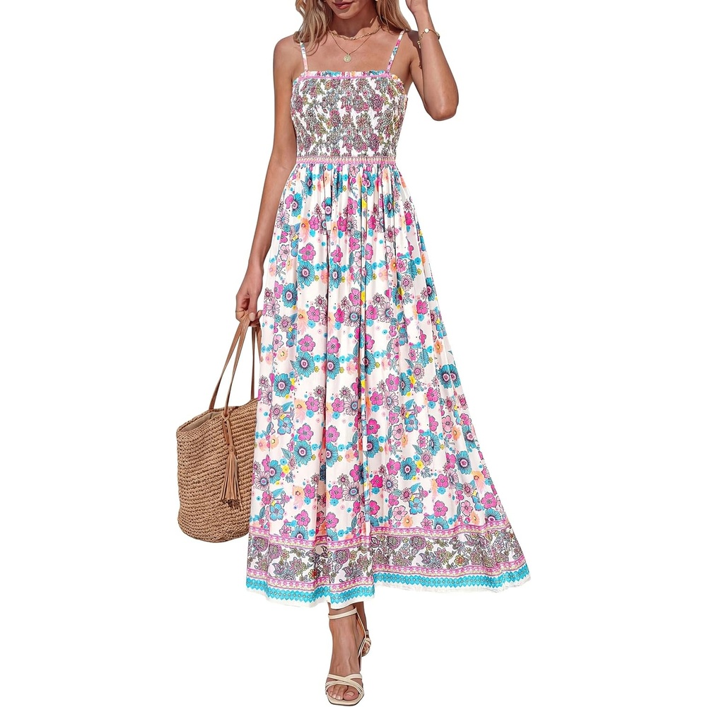 imagePRETTYGARDEN Womens Summer Maxi Dress Casual 2026 Floral Boho Spaghetti Strap Long Sundresses Smocked Beach Flowy DressesPink