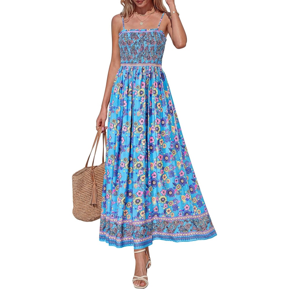 imagePRETTYGARDEN Womens Summer Maxi Dress Casual 2026 Floral Boho Spaghetti Strap Long Sundresses Smocked Beach Flowy DressesSky Blue