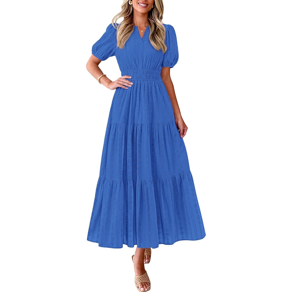 imagePRETTYGARDEN Womens Summer Maxi Dresses 2026 Casual Puff Sleeve V Neck Smocked Flowy Eyelet Cotton Dress Spring SundressBlue