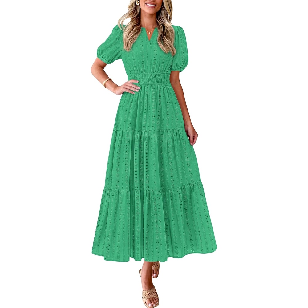 imagePRETTYGARDEN Womens Summer Maxi Dresses 2026 Casual Puff Sleeve V Neck Smocked Flowy Eyelet Cotton Dress Spring SundressGreen