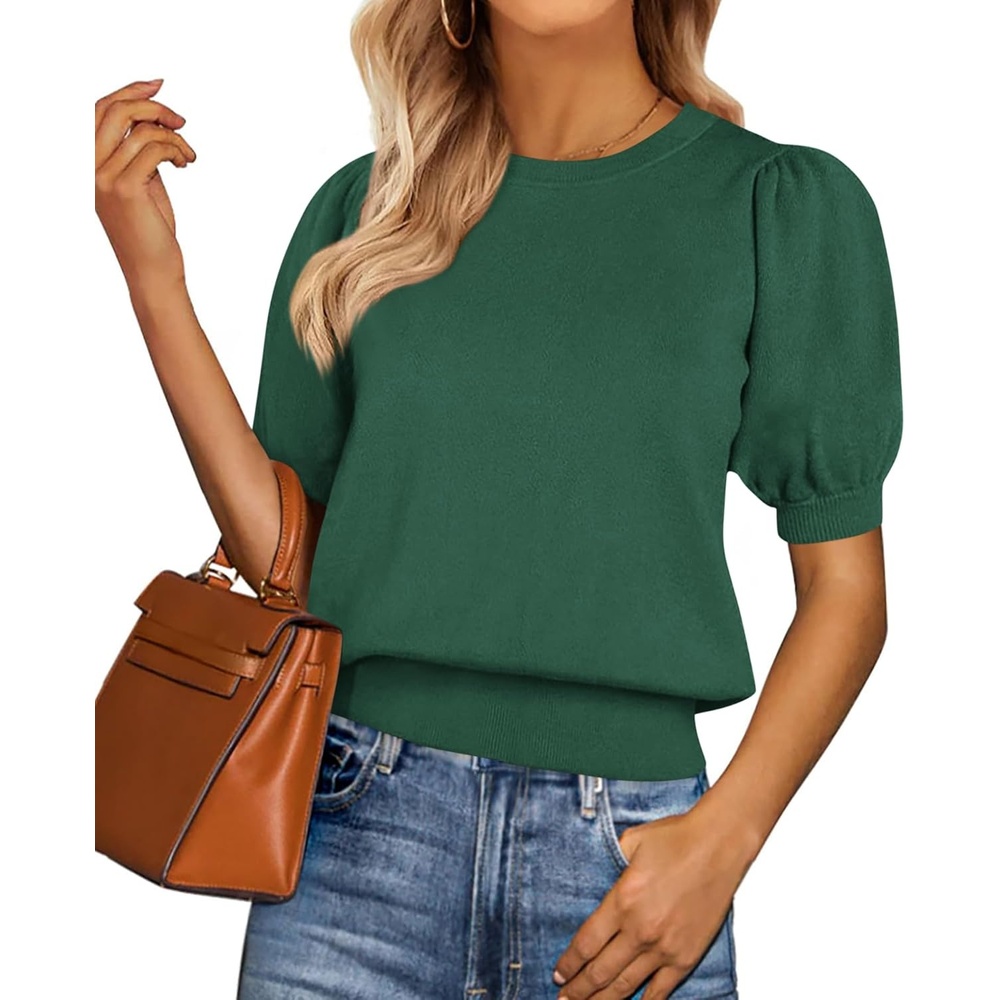 imagePRETTYGARDEN Womens Sweaters Spring 2026 Summer Puff Short Sleeve Sweater Trendy Cute Knit Work Blouses Business Casual TopsDark Green