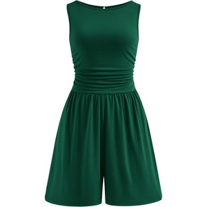 PRETTYGARDEN Summer Rompers for Women 2026 Dressy Casual Sleeveless Short Wide Leg Jumpsuits Beach Vacation One Piece Outfits(Dark Green)