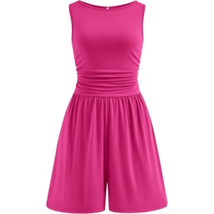 PRETTYGARDEN Summer Rompers for Women 2026 Dressy Casual Sleeveless Short Wide Leg Jumpsuits Beach Vacation One Piece Outfits(Rose Red)