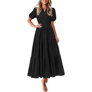 PRETTYGARDEN Womens Summer Maxi Dresses 2026 Casual Puff Sleeve V Neck Smocked Flowy Eyelet Cotton Dress Spring Sundress(Black)