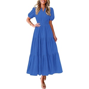 PRETTYGARDEN Womens Summer Maxi Dresses 2026 Casual Puff Sleeve V Neck Smocked Flowy Eyelet Cotton Dress Spring Sundress(Blue)