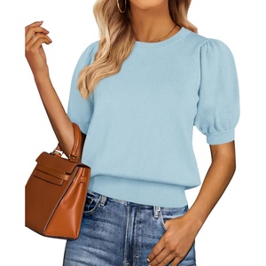 PRETTYGARDEN Womens Sweaters Spring 2026 Summer Puff Short Sleeve Sweater Trendy Cute Knit Work Blouses Business Casual Tops(Sky Blue)