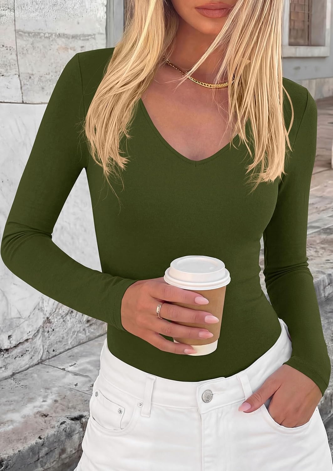 image:imagePRETTYGARDEN Bodysuits for Women 2026 Fall Long Sleeve Shirts V Neck Slim Fitted Basic Tees Going Out Tops Fashion ClothingArmy Green