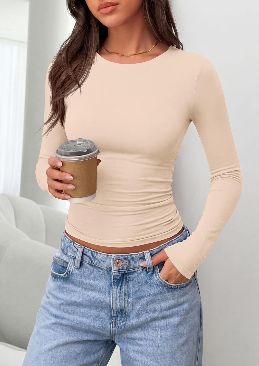 image:imagePRETTYGARDEN Long Sleeve Shirts for Women 2026 Fall Casual Boat Neck Tight Slim Fit Layering Basic T Shirt Going Out TopsBeige