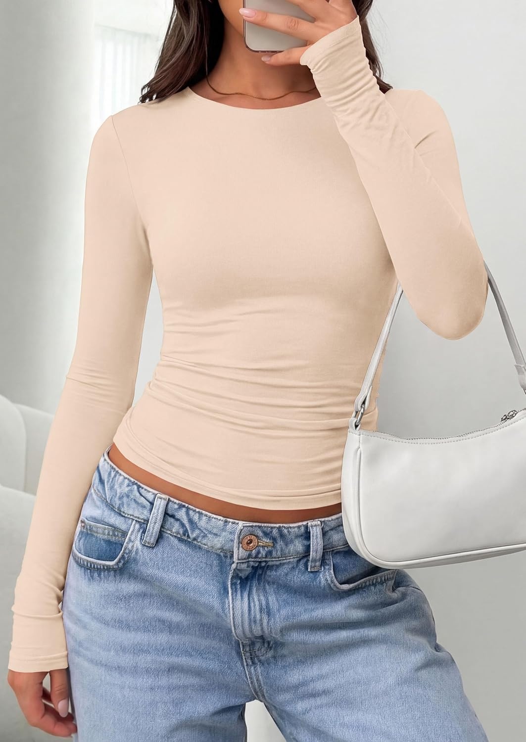 image:imagePRETTYGARDEN Long Sleeve Shirts for Women 2026 Fall Casual Boat Neck Tight Slim Fit Layering Basic T Shirt Going Out TopsBeige