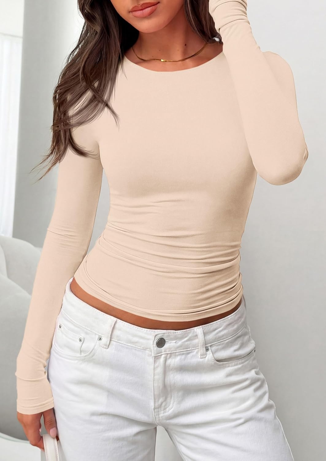 image:imagePRETTYGARDEN Long Sleeve Shirts for Women 2026 Fall Casual Boat Neck Tight Slim Fit Layering Basic T Shirt Going Out TopsBeige