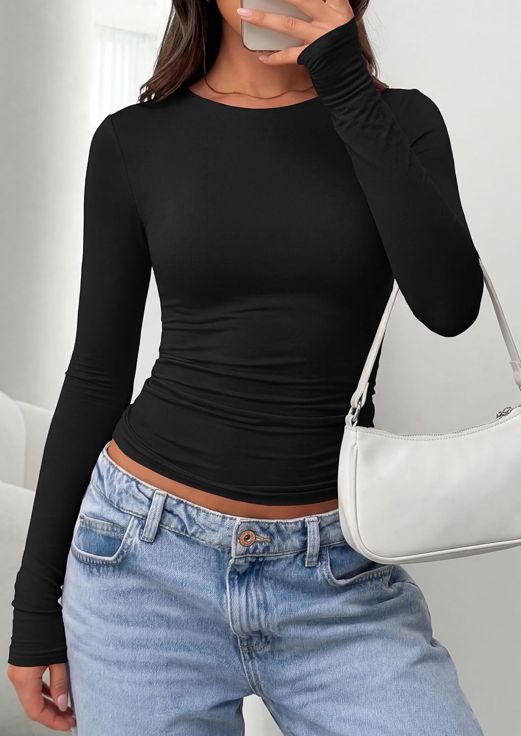 image:imagePRETTYGARDEN Long Sleeve Shirts for Women 2026 Fall Casual Boat Neck Tight Slim Fit Layering Basic T Shirt Going Out TopsBlack
