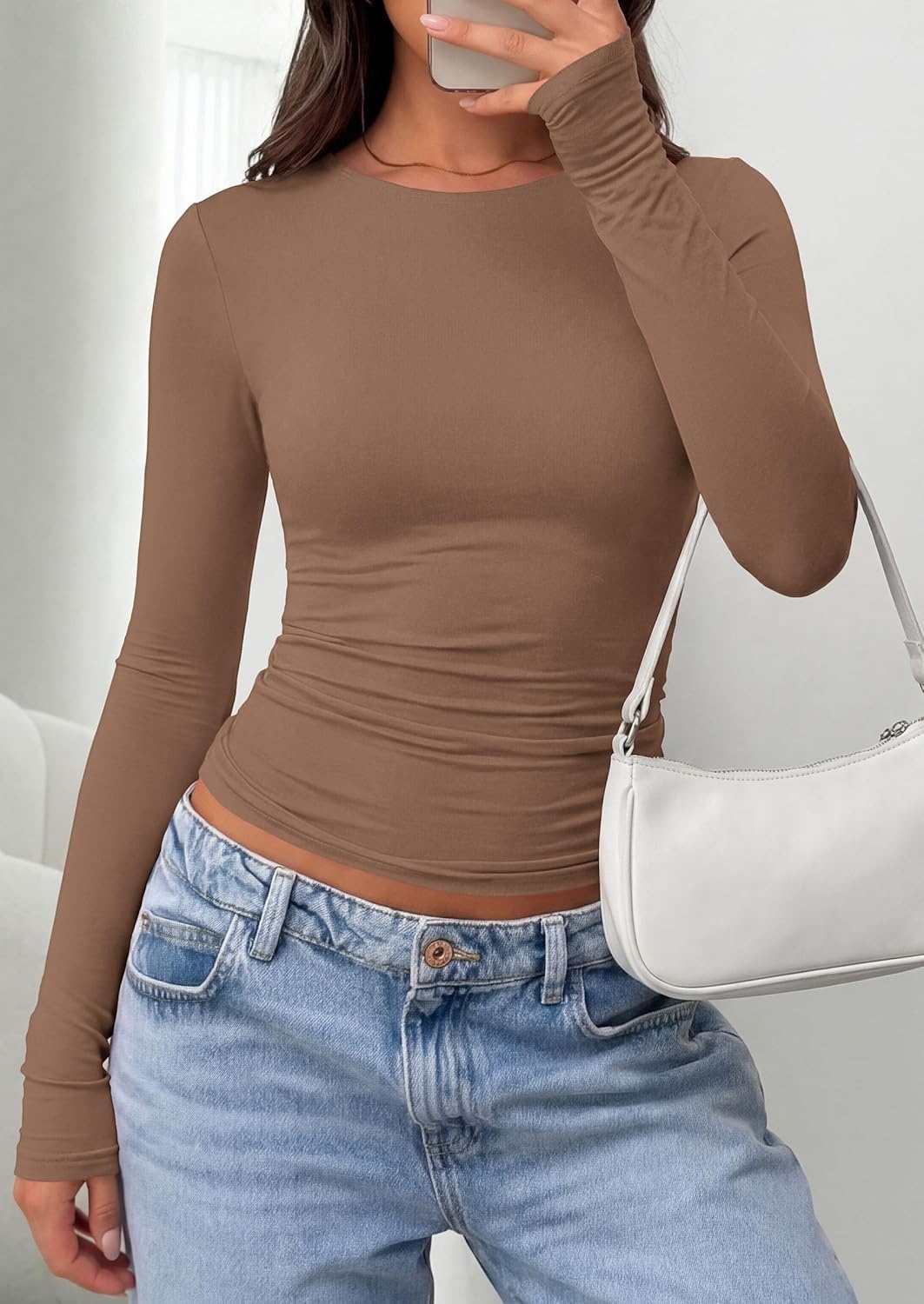 image:imagePRETTYGARDEN Long Sleeve Shirts for Women 2026 Fall Casual Boat Neck Tight Slim Fit Layering Basic T Shirt Going Out TopsBrown