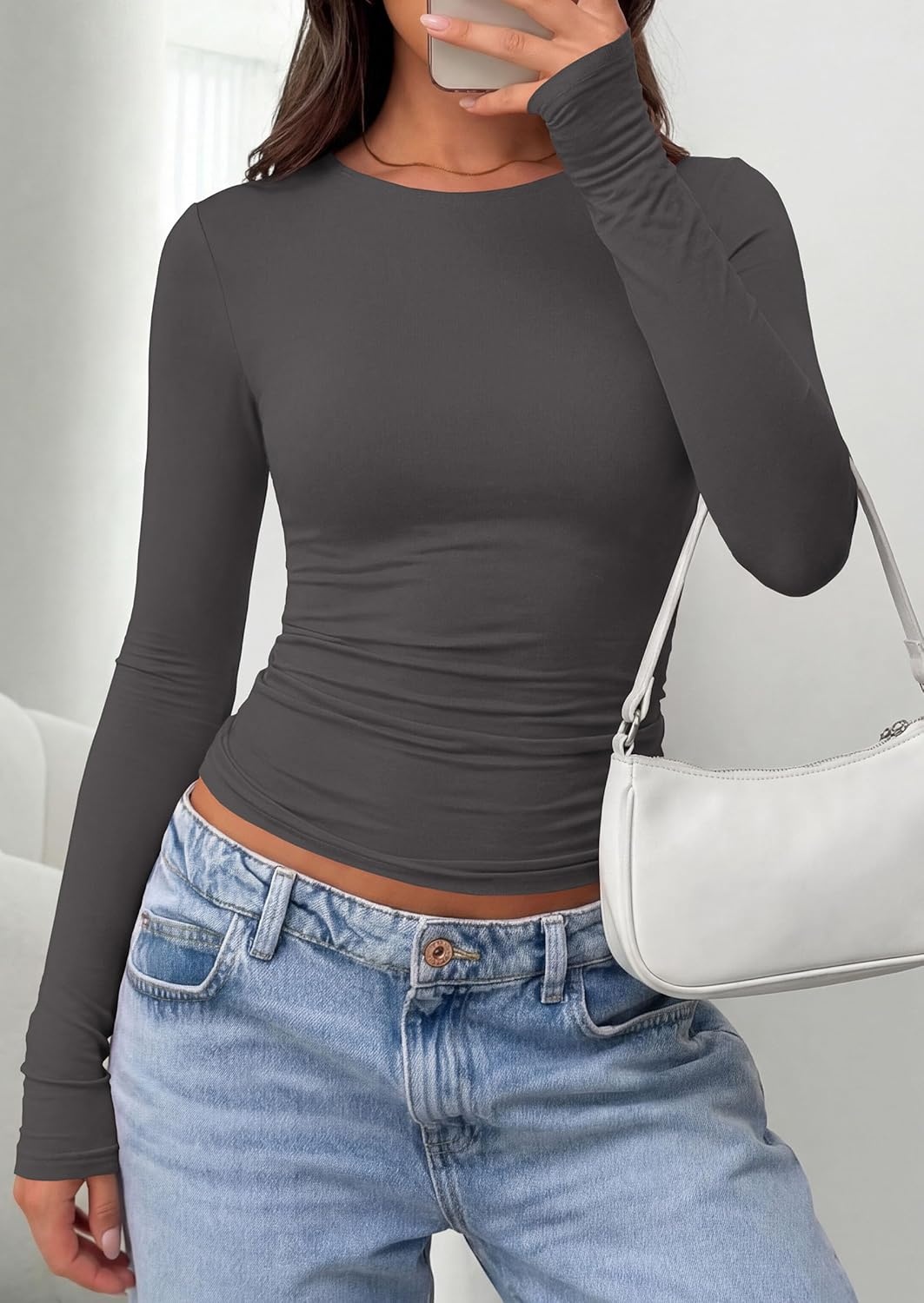 image:imagePRETTYGARDEN Long Sleeve Shirts for Women 2026 Fall Casual Boat Neck Tight Slim Fit Layering Basic T Shirt Going Out TopsDark Grey