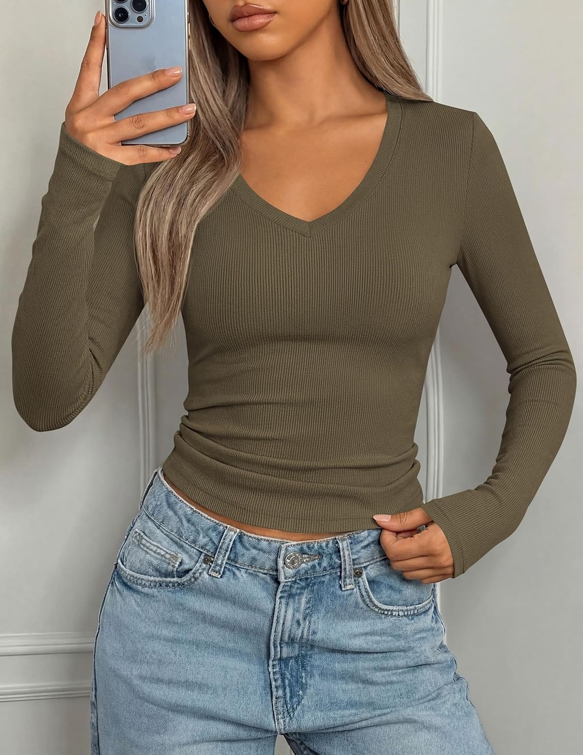 image:imagePRETTYGARDEN Long Sleeve Shirts for Women 2026 Fall V Neck Basic Tee Casual Fitted Ribbed Going Out Tops Kint Y2K ClothesArmy Green