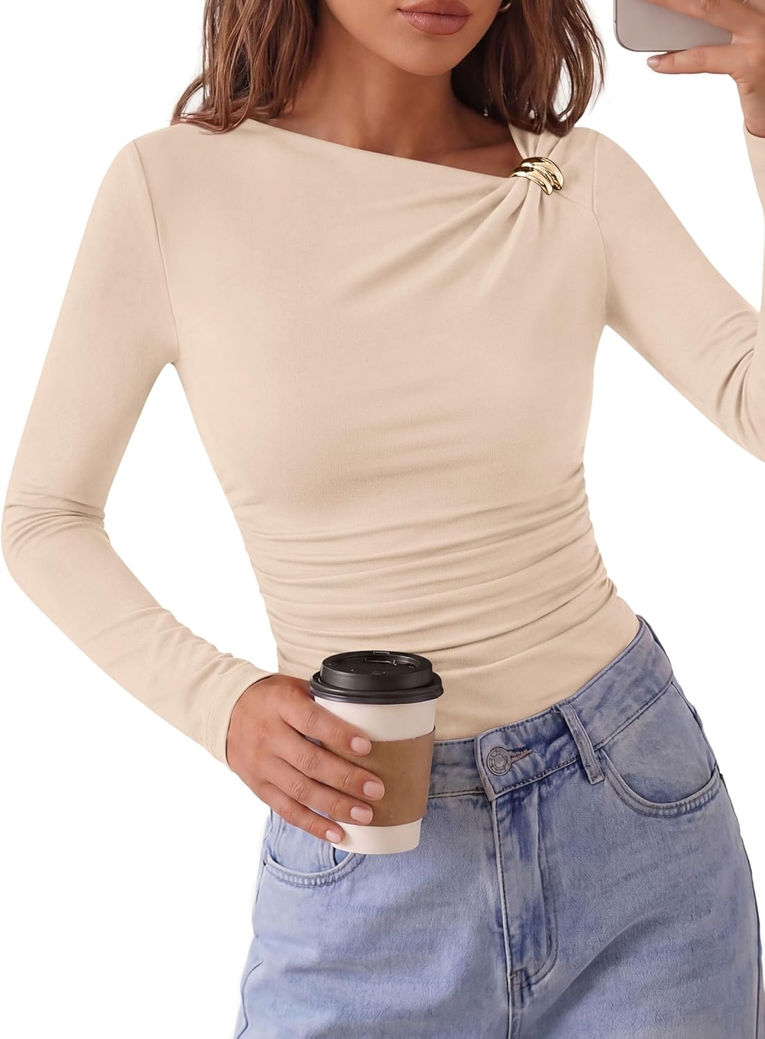 image:imagePRETTYGARDEN Long Sleeve Shirts for Women 2026 Ruched Knit Asymmetrical Tight Fitted Going Out Tops Y2k Fall ClothesBeige