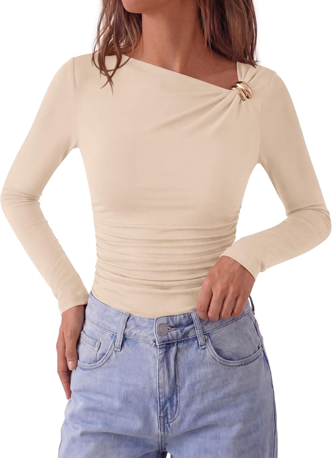 image:imagePRETTYGARDEN Long Sleeve Shirts for Women 2026 Ruched Knit Asymmetrical Tight Fitted Going Out Tops Y2k Fall ClothesBeige