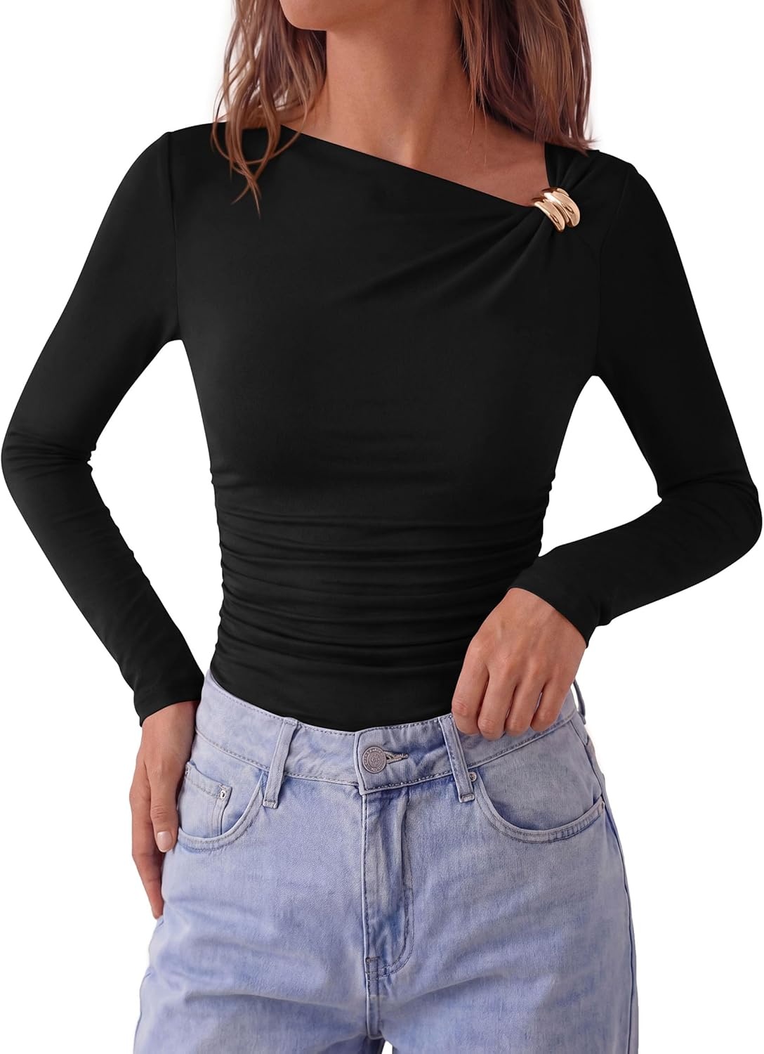 image:imagePRETTYGARDEN Long Sleeve Shirts for Women 2026 Ruched Knit Asymmetrical Tight Fitted Going Out Tops Y2k Fall ClothesBlack