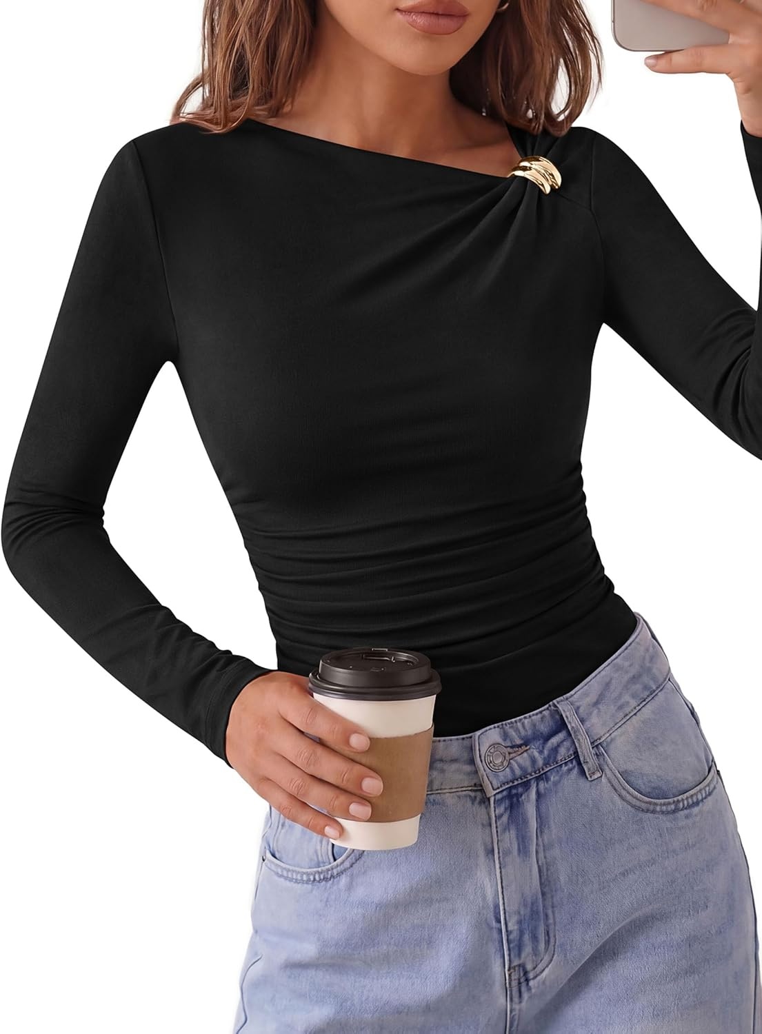 image:imagePRETTYGARDEN Long Sleeve Shirts for Women 2026 Ruched Knit Asymmetrical Tight Fitted Going Out Tops Y2k Fall ClothesBlack
