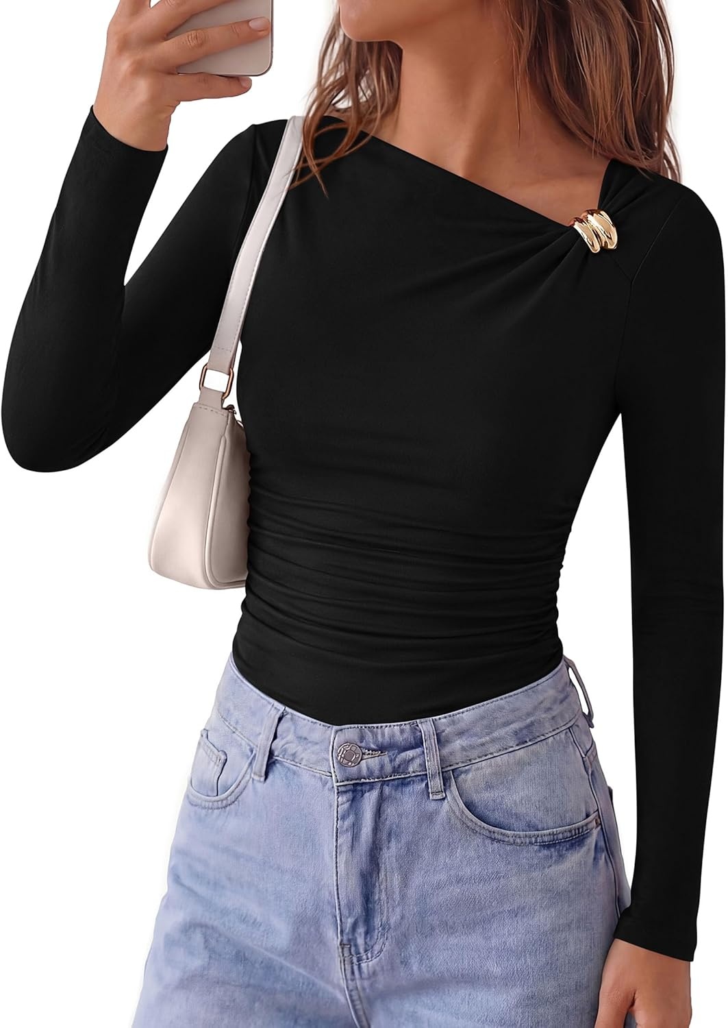 image:imagePRETTYGARDEN Long Sleeve Shirts for Women 2026 Ruched Knit Asymmetrical Tight Fitted Going Out Tops Y2k Fall ClothesBlack