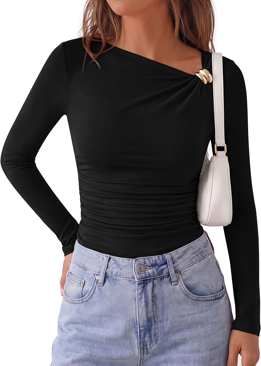 image:imagePRETTYGARDEN Long Sleeve Shirts for Women 2026 Ruched Knit Asymmetrical Tight Fitted Going Out Tops Y2k Fall ClothesBlack