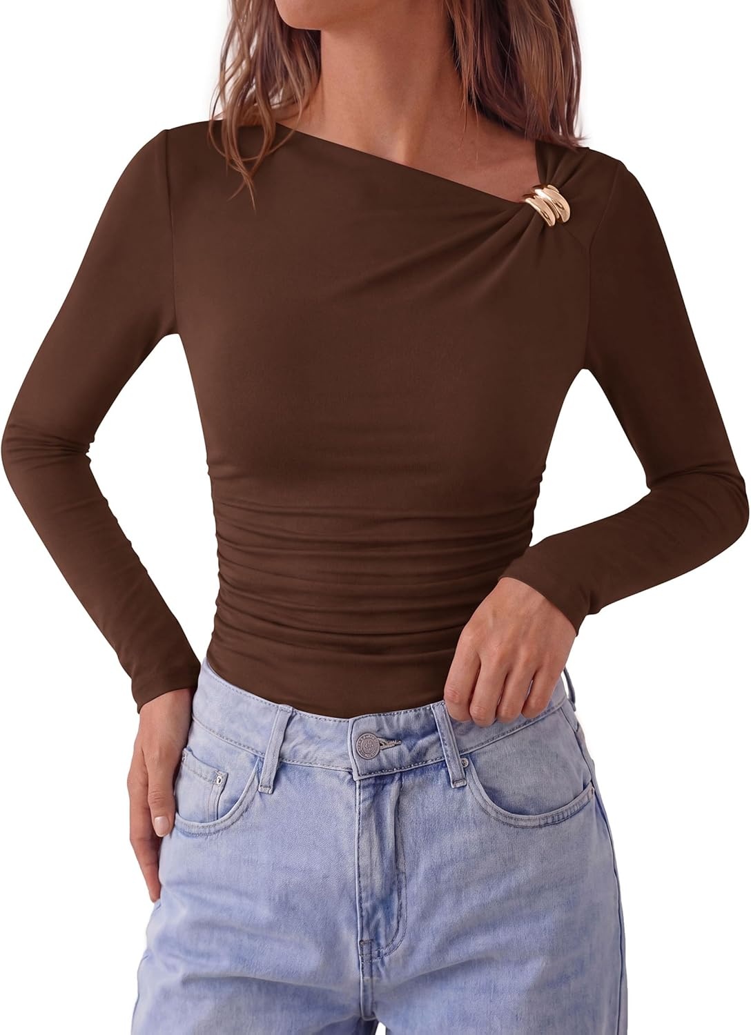 image:imagePRETTYGARDEN Long Sleeve Shirts for Women 2026 Ruched Knit Asymmetrical Tight Fitted Going Out Tops Y2k Fall ClothesDark Brown