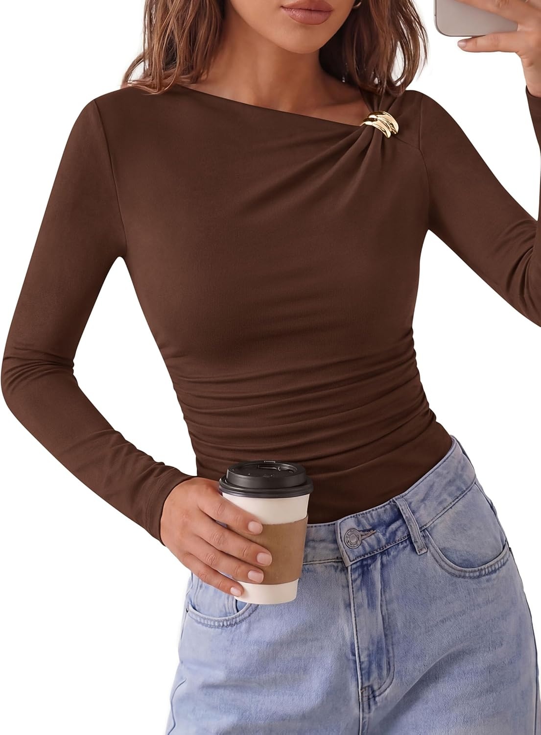 image:imagePRETTYGARDEN Long Sleeve Shirts for Women 2026 Ruched Knit Asymmetrical Tight Fitted Going Out Tops Y2k Fall ClothesDark Brown