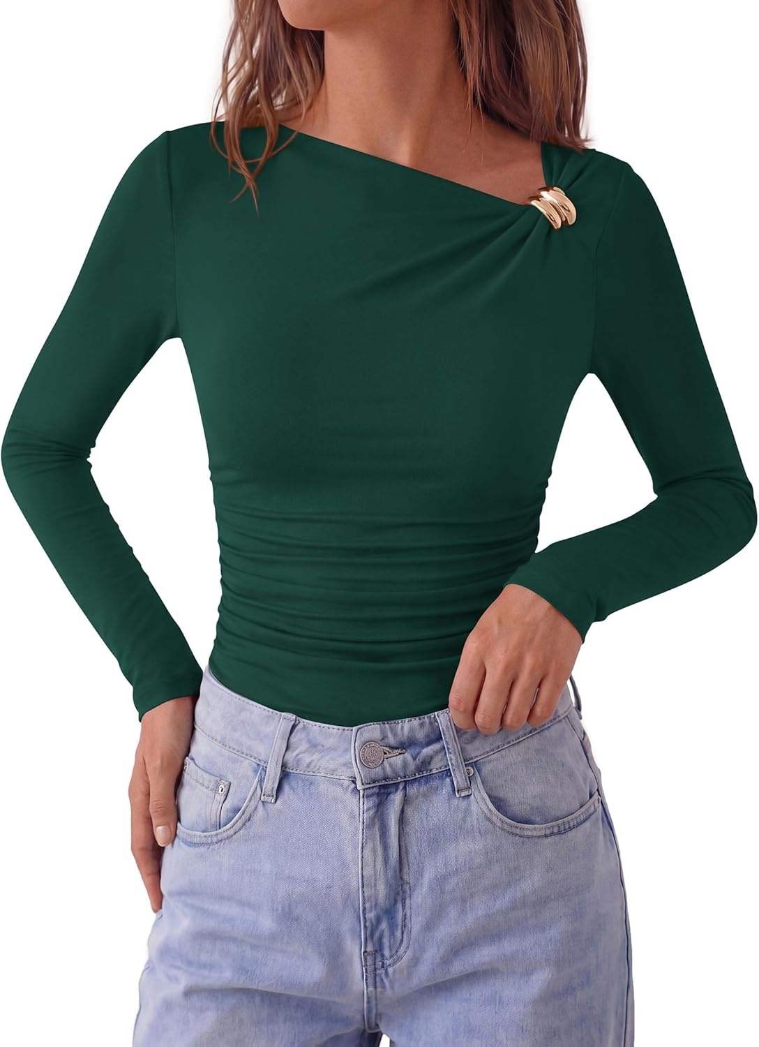image:imagePRETTYGARDEN Long Sleeve Shirts for Women 2026 Ruched Knit Asymmetrical Tight Fitted Going Out Tops Y2k Fall ClothesDark Green