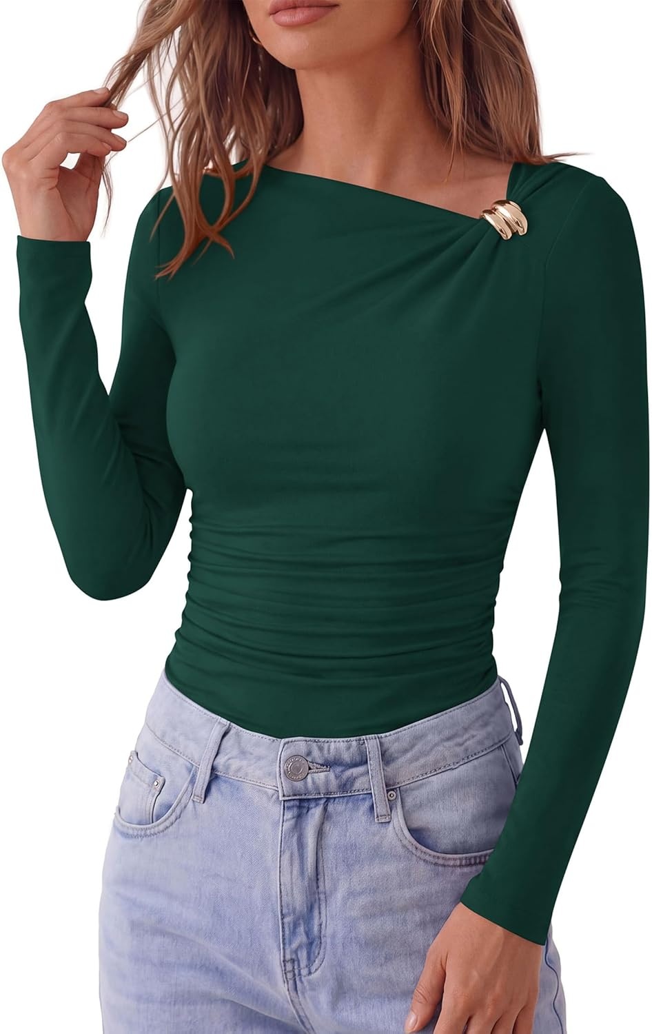 image:imagePRETTYGARDEN Long Sleeve Shirts for Women 2026 Ruched Knit Asymmetrical Tight Fitted Going Out Tops Y2k Fall ClothesDark Green