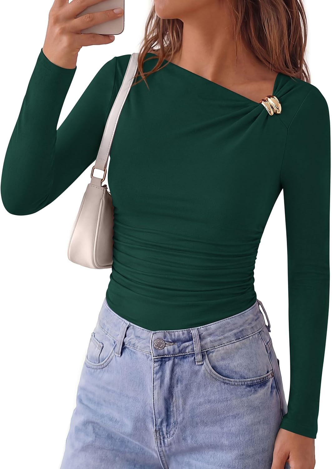 image:imagePRETTYGARDEN Long Sleeve Shirts for Women 2026 Ruched Knit Asymmetrical Tight Fitted Going Out Tops Y2k Fall ClothesDark Green