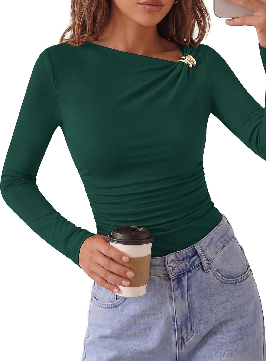 image:imagePRETTYGARDEN Long Sleeve Shirts for Women 2026 Ruched Knit Asymmetrical Tight Fitted Going Out Tops Y2k Fall ClothesDark Green