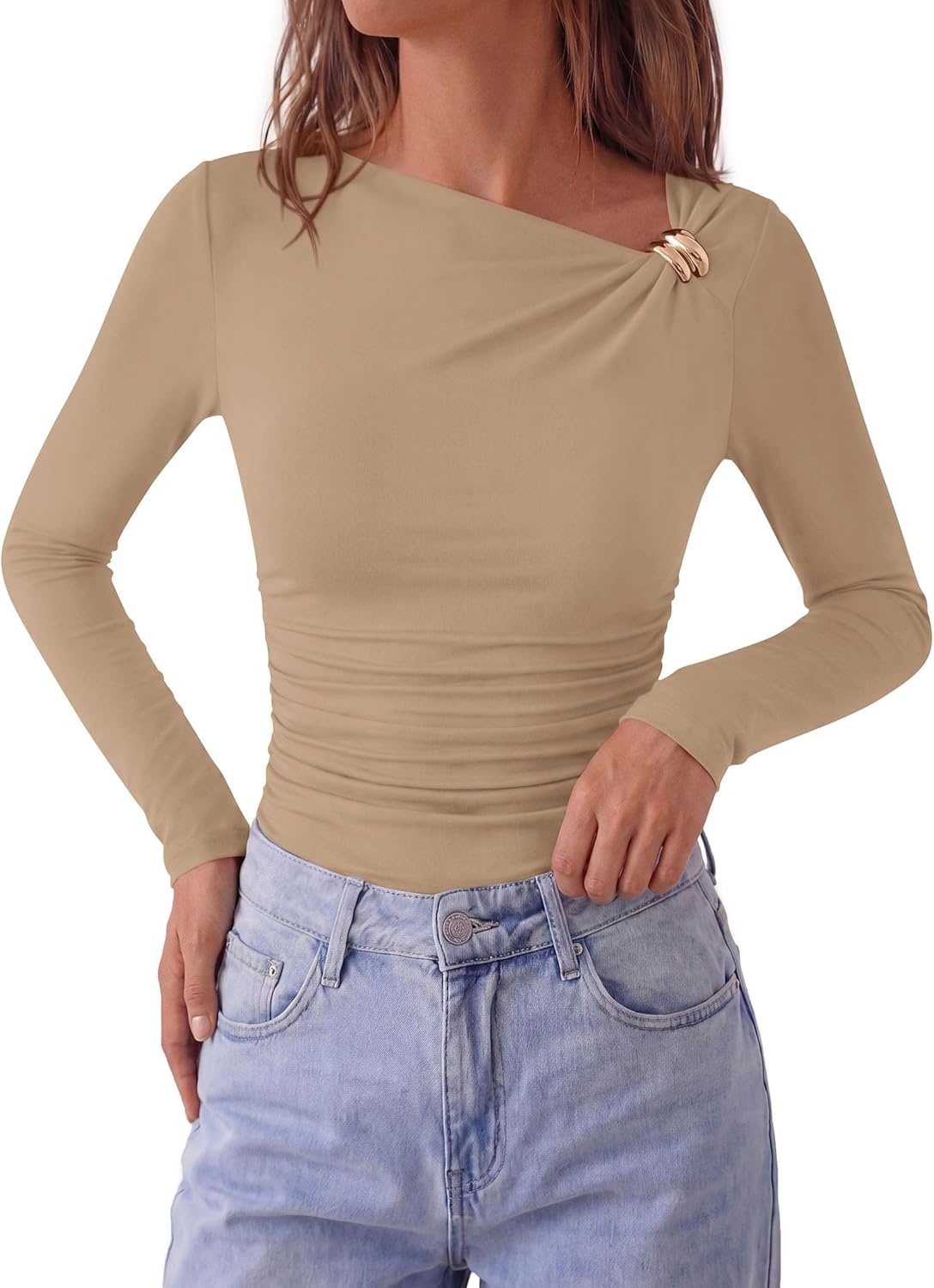 image:imagePRETTYGARDEN Long Sleeve Shirts for Women 2026 Ruched Knit Asymmetrical Tight Fitted Going Out Tops Y2k Fall ClothesKhaki