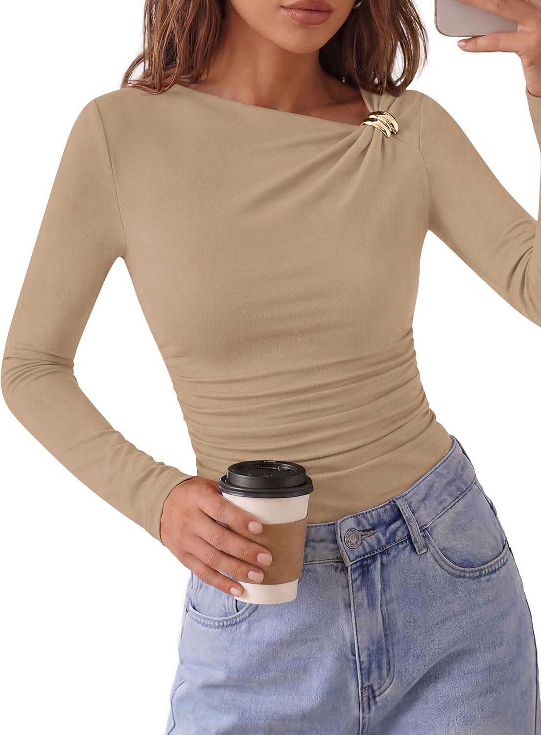 image:imagePRETTYGARDEN Long Sleeve Shirts for Women 2026 Ruched Knit Asymmetrical Tight Fitted Going Out Tops Y2k Fall ClothesKhaki