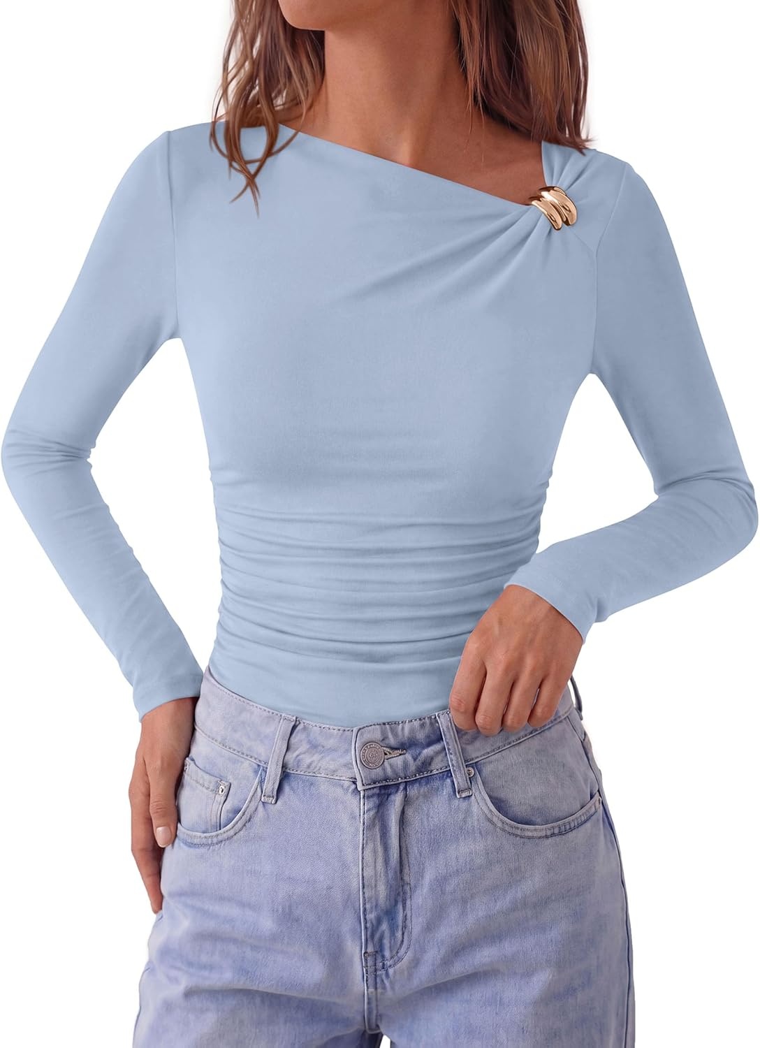 image:imagePRETTYGARDEN Long Sleeve Shirts for Women 2026 Ruched Knit Asymmetrical Tight Fitted Going Out Tops Y2k Fall ClothesLight Blue