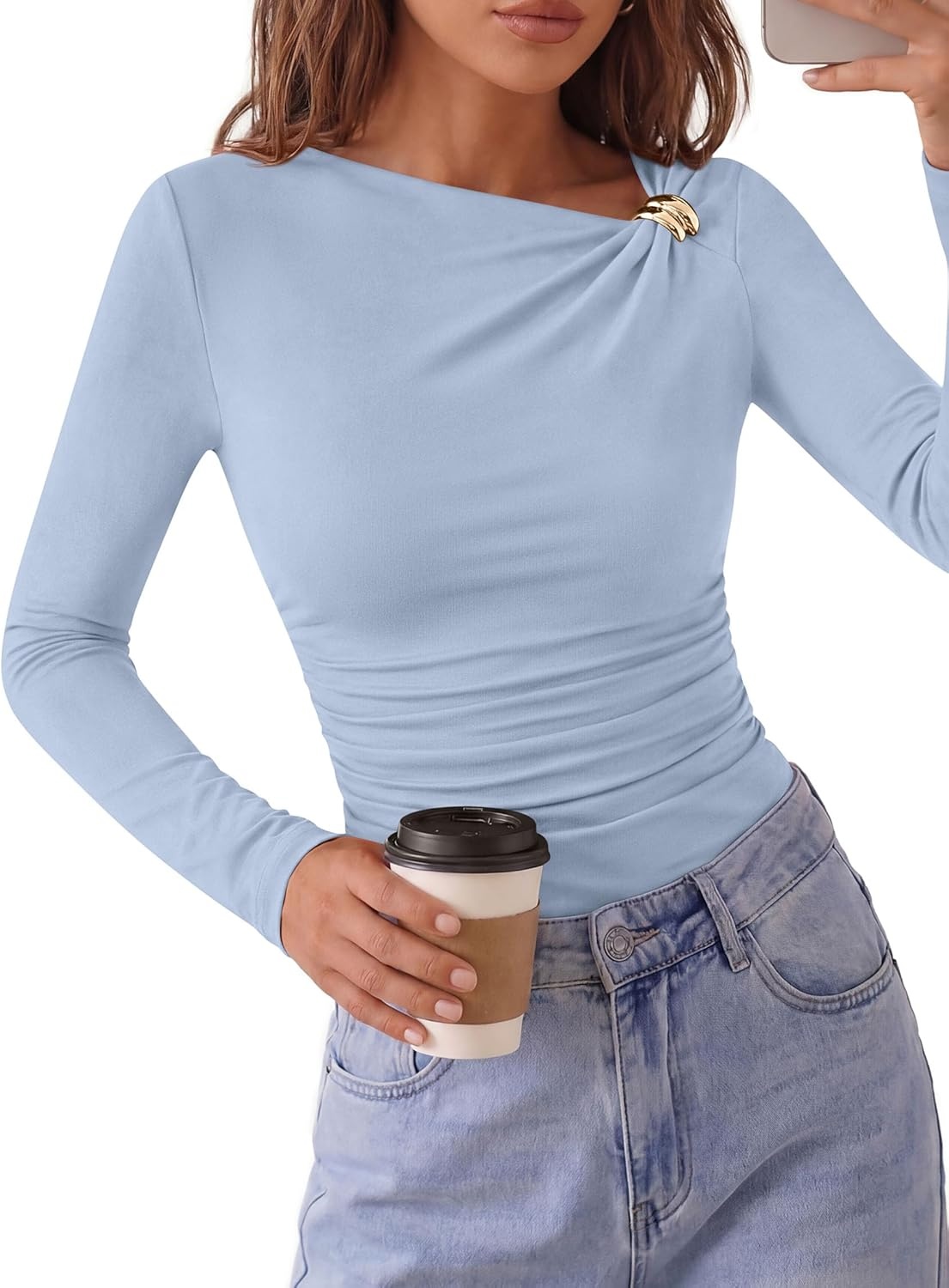 image:imagePRETTYGARDEN Long Sleeve Shirts for Women 2026 Ruched Knit Asymmetrical Tight Fitted Going Out Tops Y2k Fall ClothesLight Blue