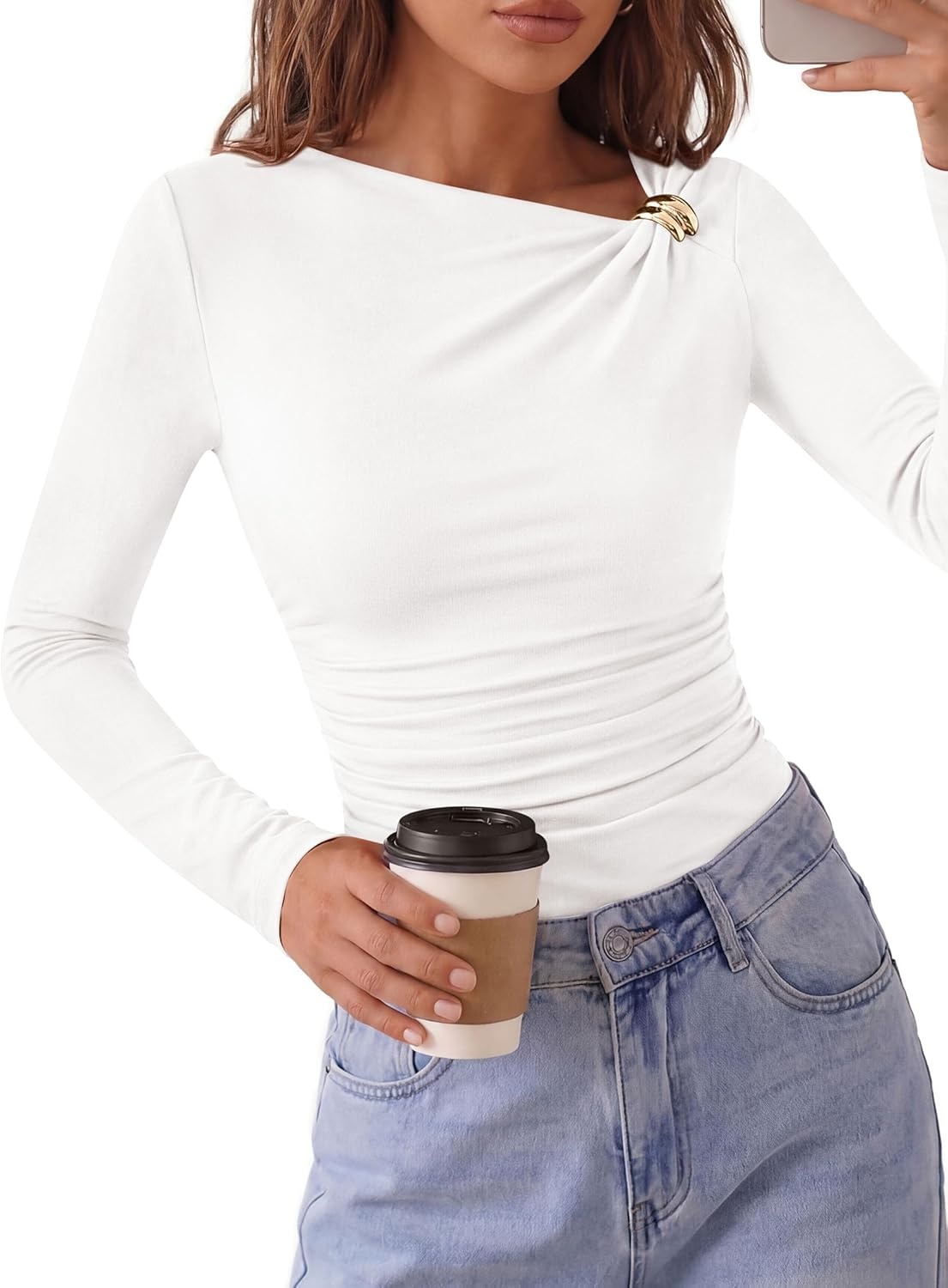 image:imagePRETTYGARDEN Long Sleeve Shirts for Women 2026 Ruched Knit Asymmetrical Tight Fitted Going Out Tops Y2k Fall ClothesWhite