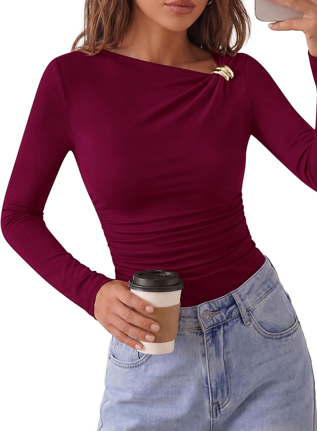 image:imagePRETTYGARDEN Long Sleeve Shirts for Women 2026 Ruched Knit Asymmetrical Tight Fitted Going Out Tops Y2k Fall ClothesWine Red
