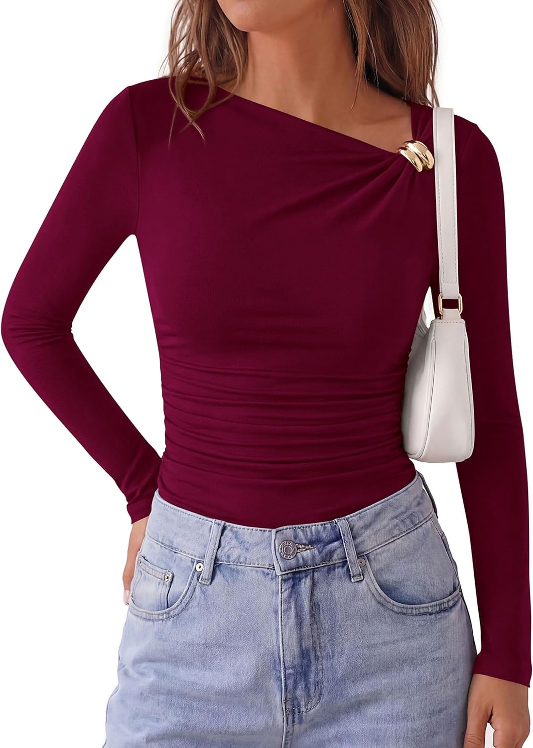 image:imagePRETTYGARDEN Long Sleeve Shirts for Women 2026 Ruched Knit Asymmetrical Tight Fitted Going Out Tops Y2k Fall ClothesWine Red