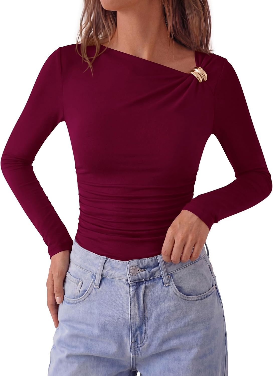 image:imagePRETTYGARDEN Long Sleeve Shirts for Women 2026 Ruched Knit Asymmetrical Tight Fitted Going Out Tops Y2k Fall ClothesWine Red