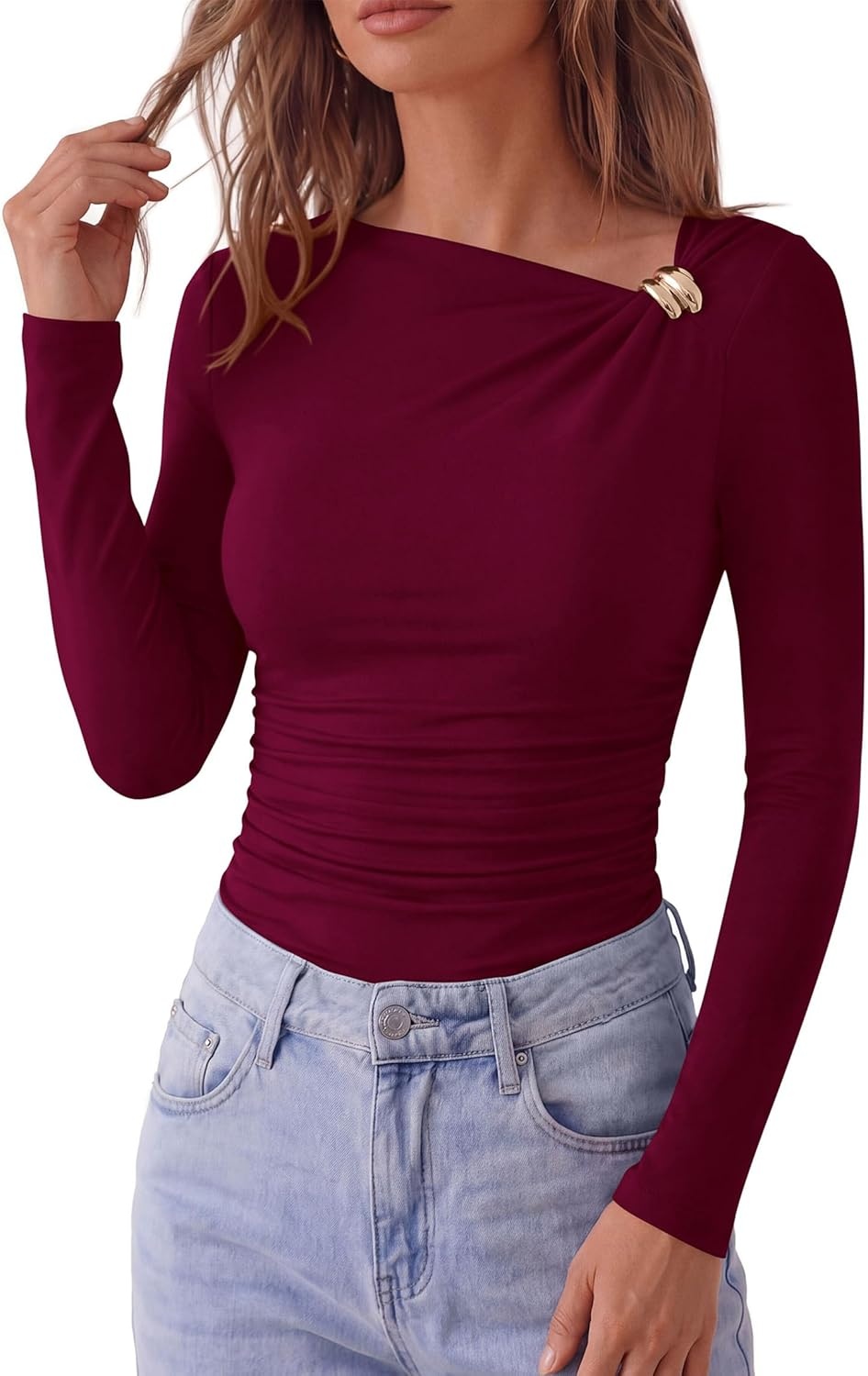 image:imagePRETTYGARDEN Long Sleeve Shirts for Women 2026 Ruched Knit Asymmetrical Tight Fitted Going Out Tops Y2k Fall ClothesWine Red