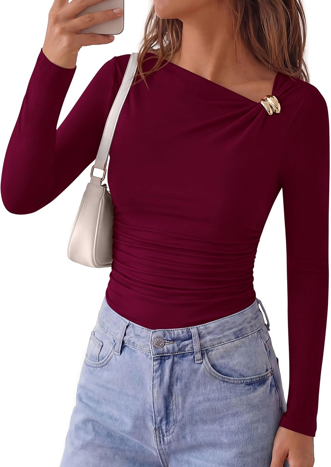 image:imagePRETTYGARDEN Long Sleeve Shirts for Women 2026 Ruched Knit Asymmetrical Tight Fitted Going Out Tops Y2k Fall ClothesWine Red