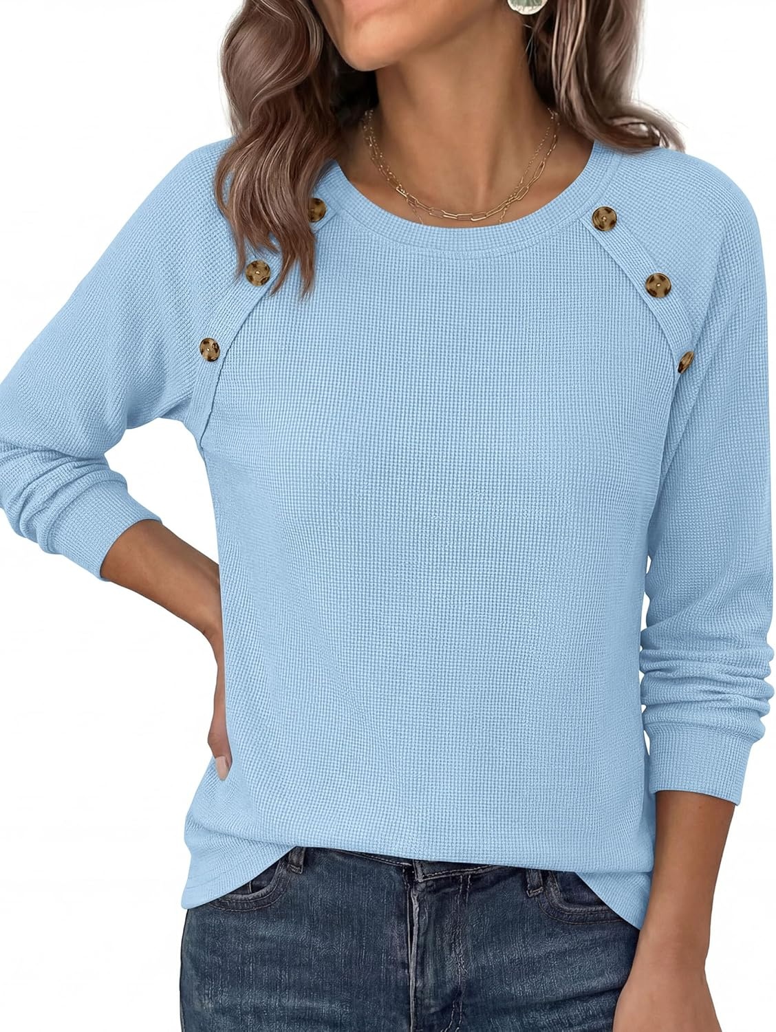 image:imagePRETTYGARDEN Long Sleeve Shirts for Women Waffle Knit Tops Fall Fashion 2026 Dressy Casual Loose Tunic Blouse Winter ClothingLight Blue