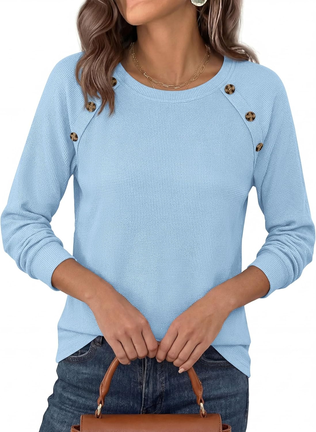 image:imagePRETTYGARDEN Long Sleeve Shirts for Women Waffle Knit Tops Fall Fashion 2026 Dressy Casual Loose Tunic Blouse Winter ClothingLight Blue