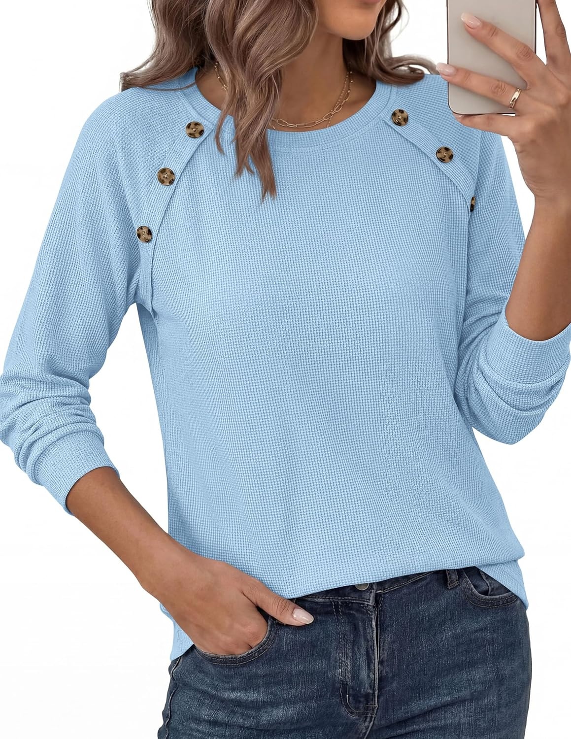 image:imagePRETTYGARDEN Long Sleeve Shirts for Women Waffle Knit Tops Fall Fashion 2026 Dressy Casual Loose Tunic Blouse Winter ClothingLight Blue