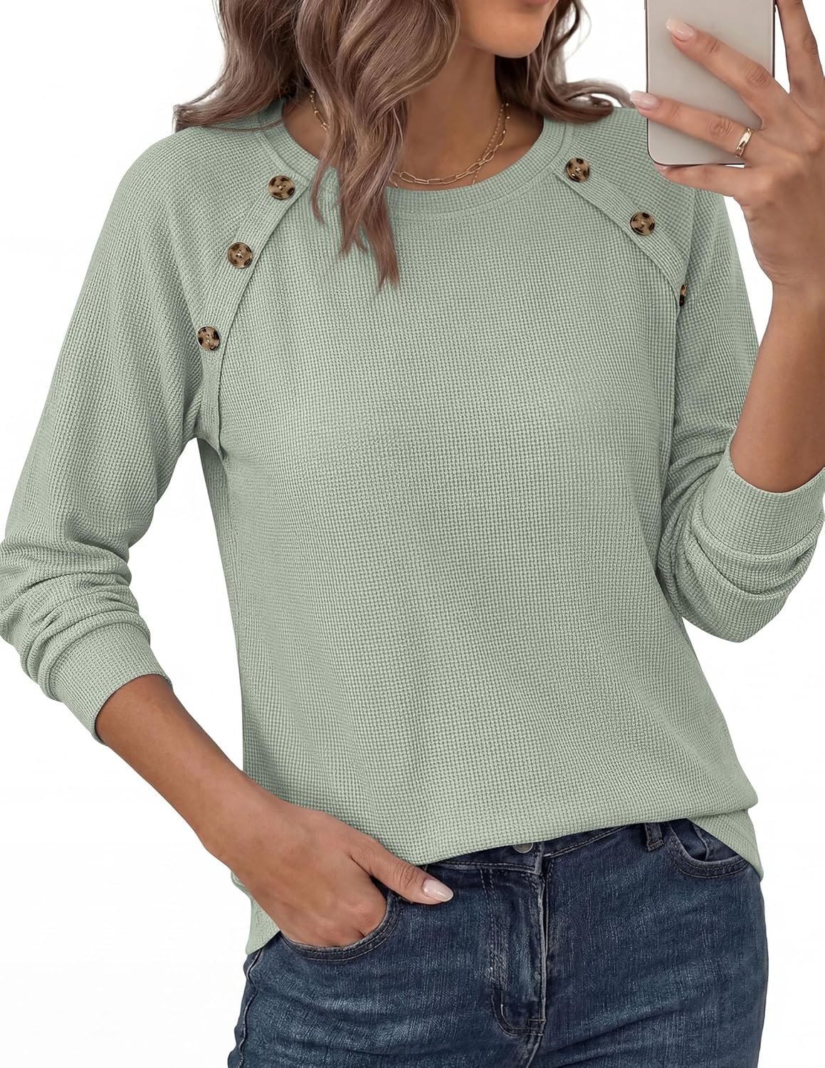 image:imagePRETTYGARDEN Long Sleeve Shirts for Women Waffle Knit Tops Fall Fashion 2026 Dressy Casual Loose Tunic Blouse Winter ClothingSage Green