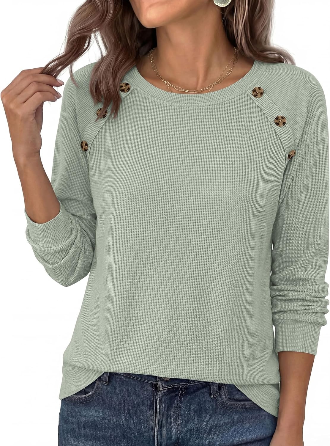 image:imagePRETTYGARDEN Long Sleeve Shirts for Women Waffle Knit Tops Fall Fashion 2026 Dressy Casual Loose Tunic Blouse Winter ClothingSage Green