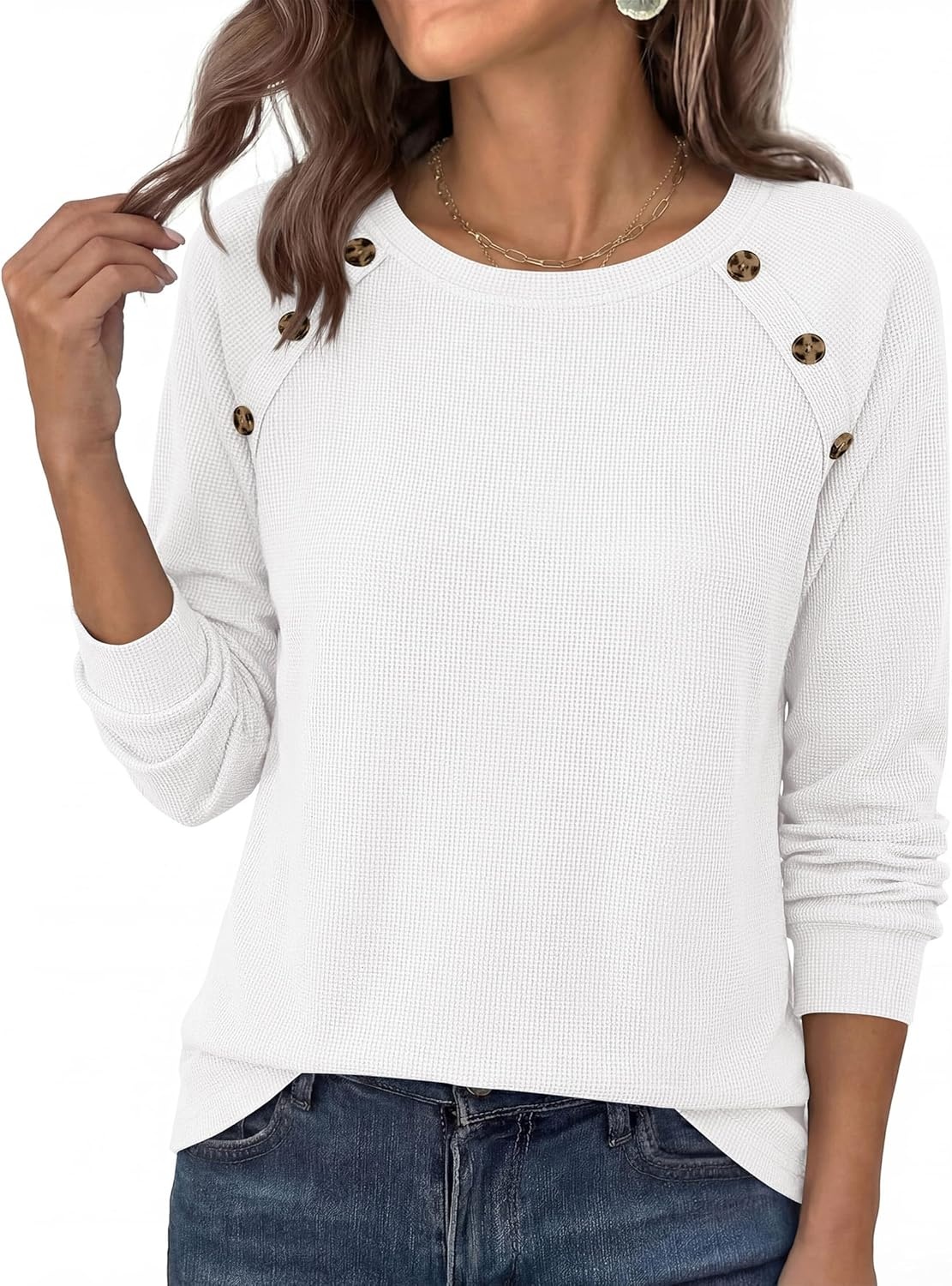 image:imagePRETTYGARDEN Long Sleeve Shirts for Women Waffle Knit Tops Fall Fashion 2026 Dressy Casual Loose Tunic Blouse Winter ClothingWhite